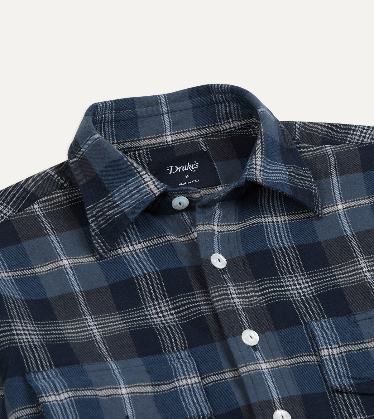 Navy Check Cotton Two-Pocket Long Point Collar Work Shirt