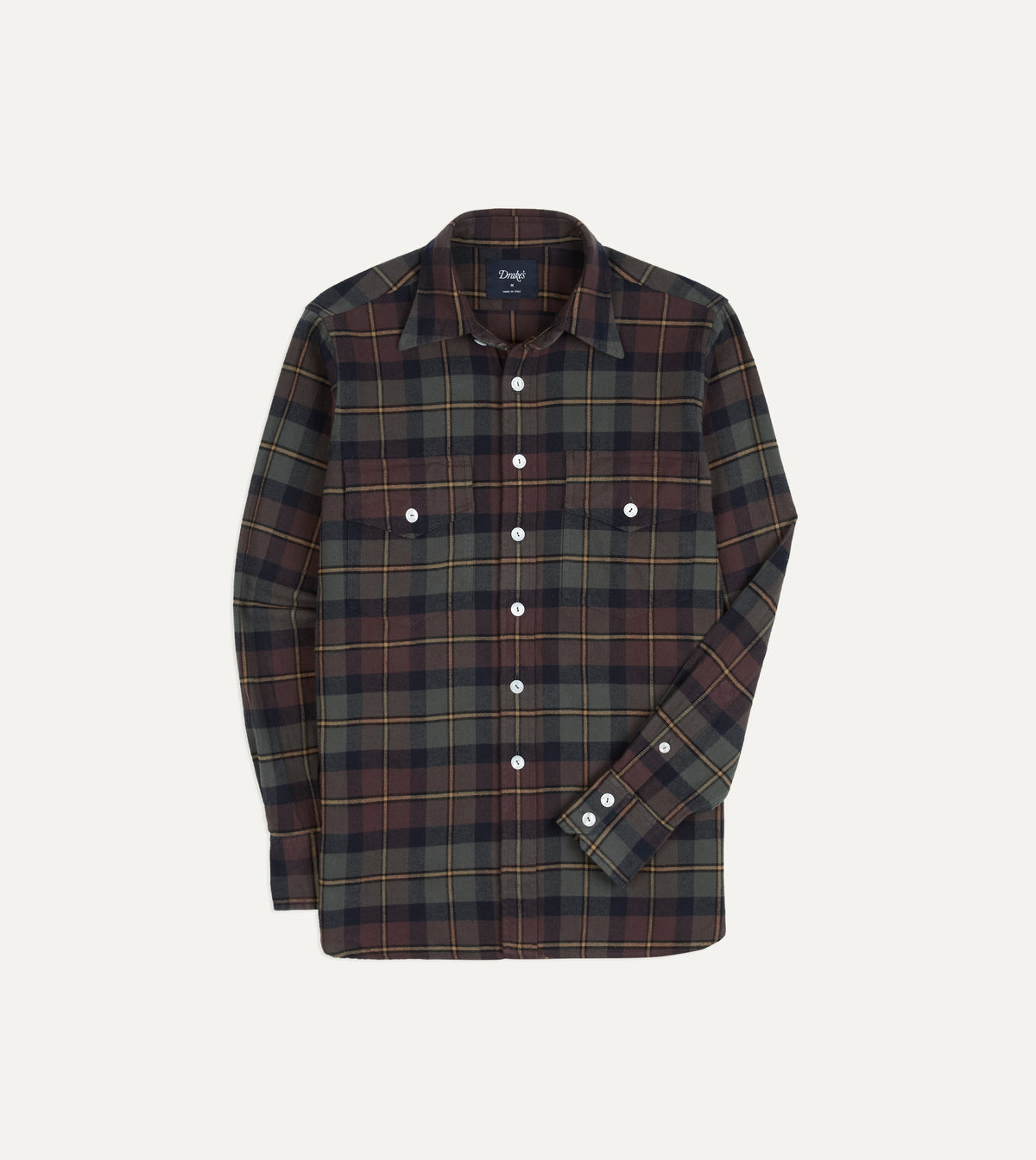 Brown and Green Check Cotton Two-Pocket Long Point Collar Work Shirt
