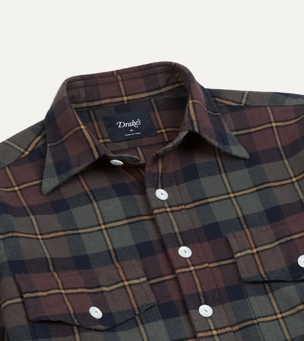 Brown and Green Check Cotton Two-Pocket Long Point Collar Work Shirt
