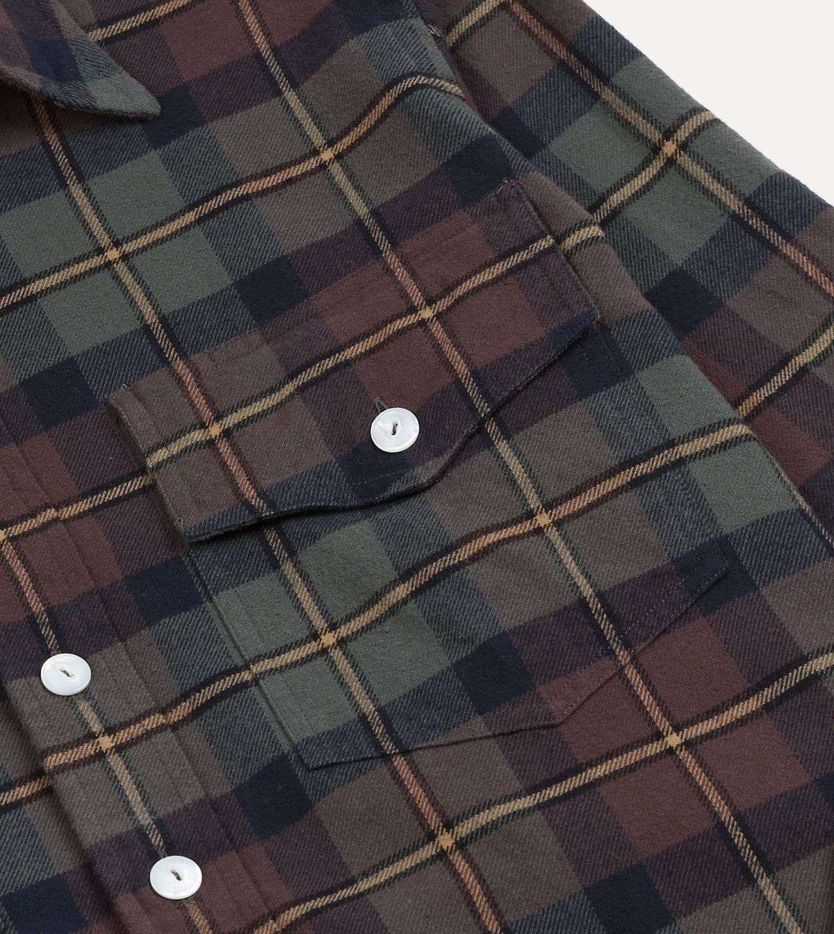 Brown and Green Check Cotton Two-Pocket Long Point Collar Work Shirt