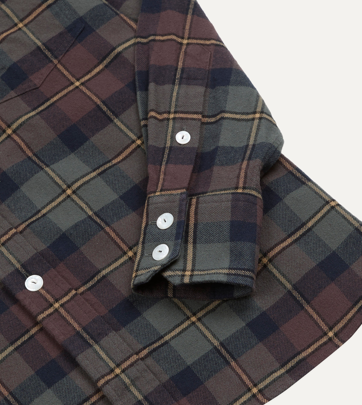 Brown and Green Check Cotton Two-Pocket Long Point Collar Work Shirt