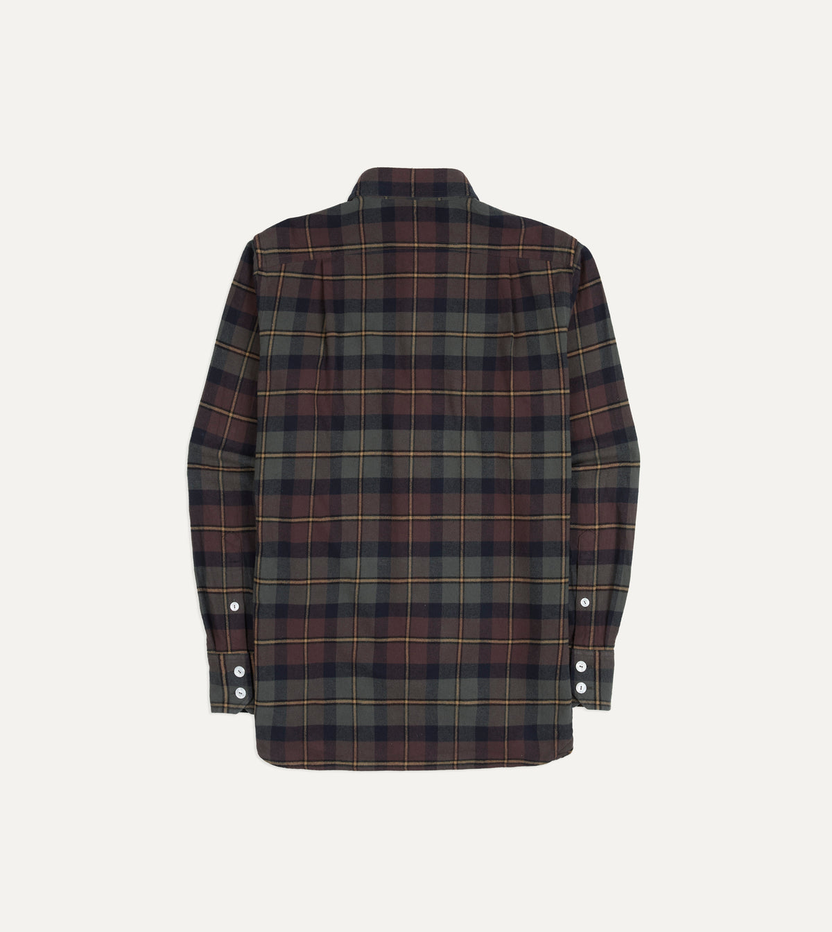 Brown and Green Check Cotton Two-Pocket Long Point Collar Work Shirt