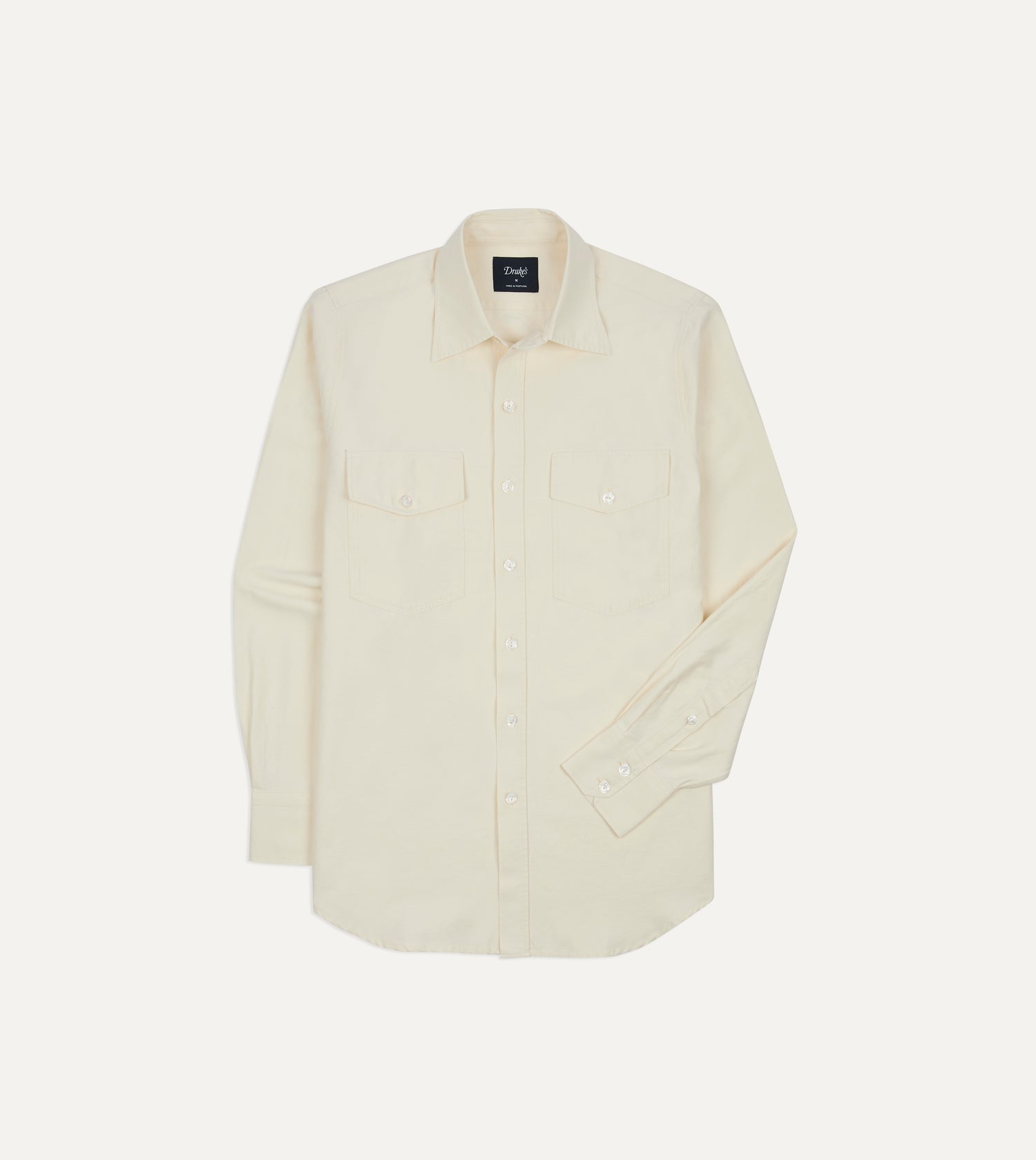 Ecru Cotton-Linen Two-Pocket Long Point Collar Work Shirt