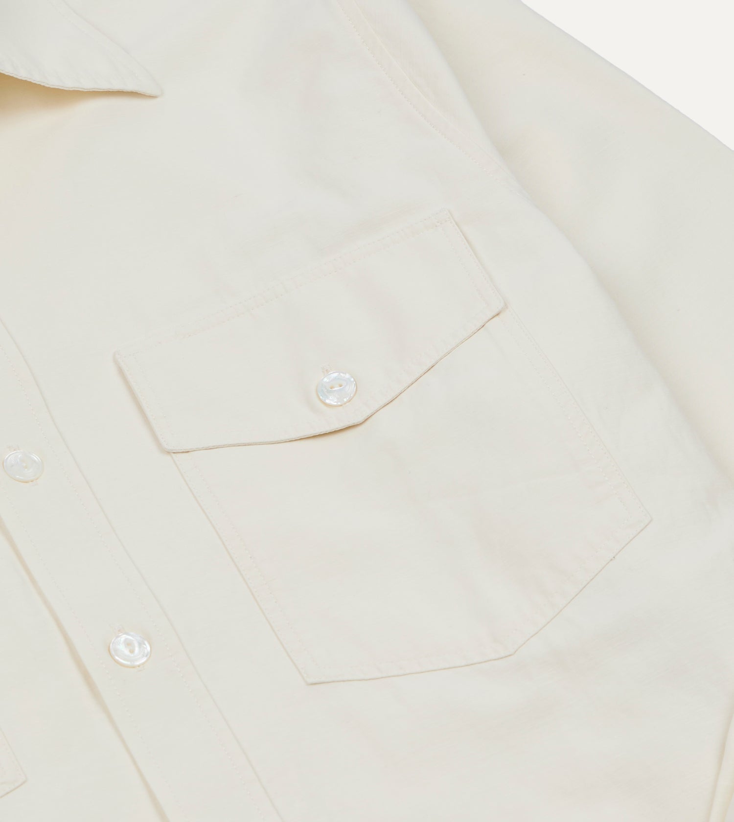 Ecru Cotton-Linen Two-Pocket Long Point Collar Work Shirt
