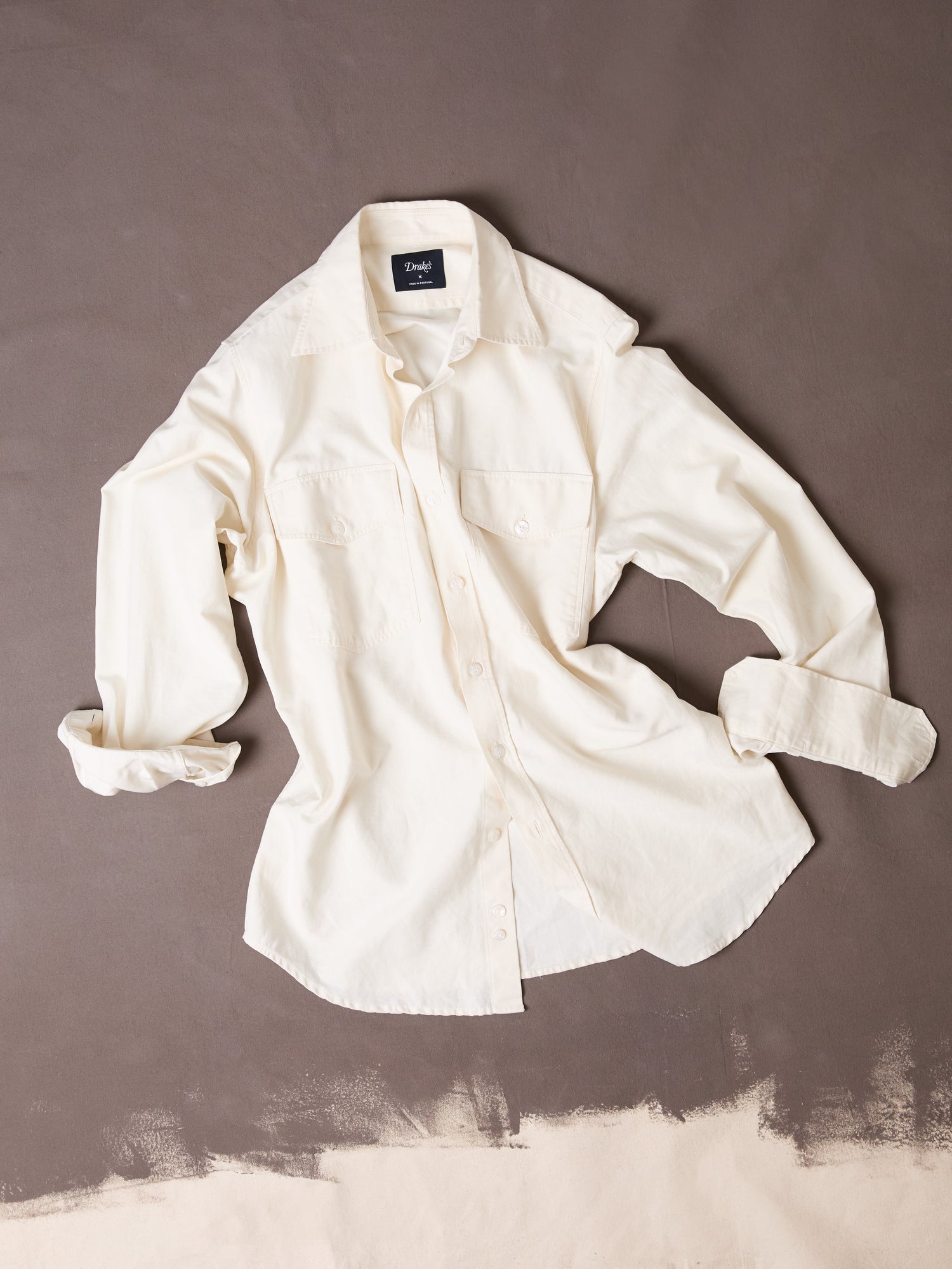 Ecru Cotton-Linen Two-Pocket Long Point Collar Work Shirt