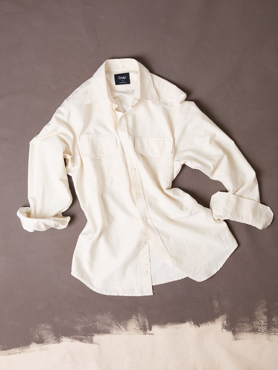 Ecru Cotton-Linen Two-Pocket Long Point Collar Work Shirt