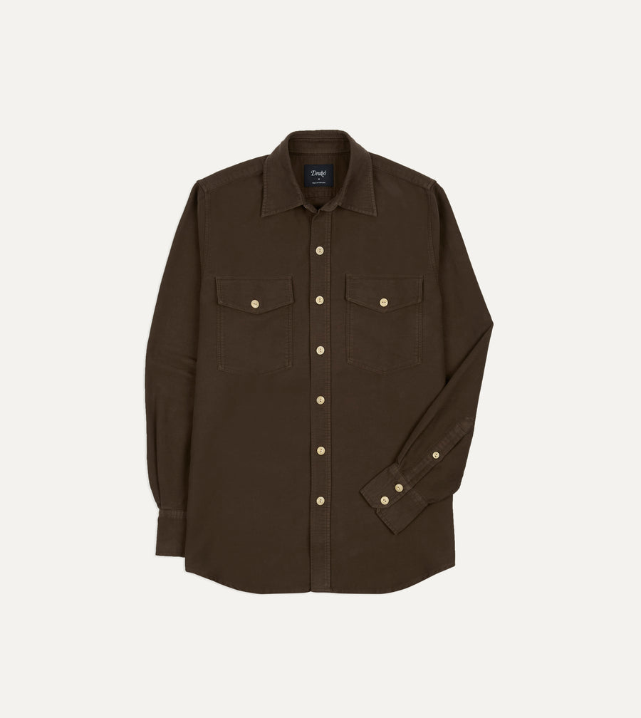 Brown Moleskin Two-Pocket Long Point Collar Work Shirt