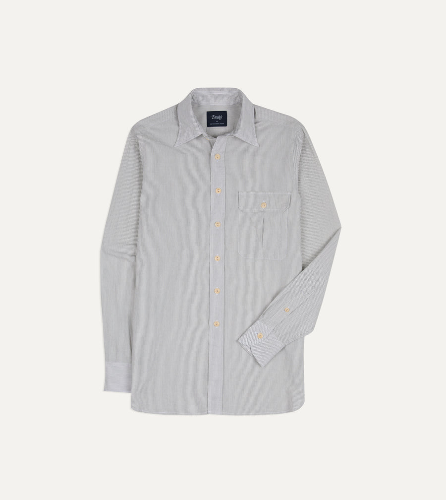 White and Navy Pinstripe Linen-Cotton Long Point Collar Shirt