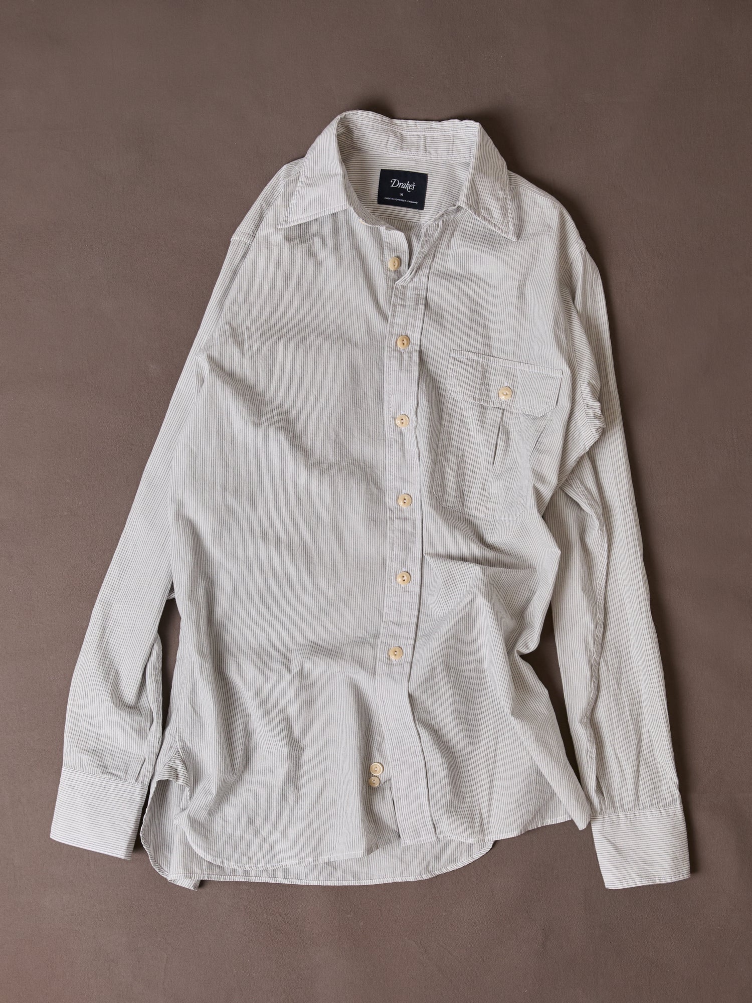 White and Navy Pinstripe Linen-Cotton Long Point Collar Shirt