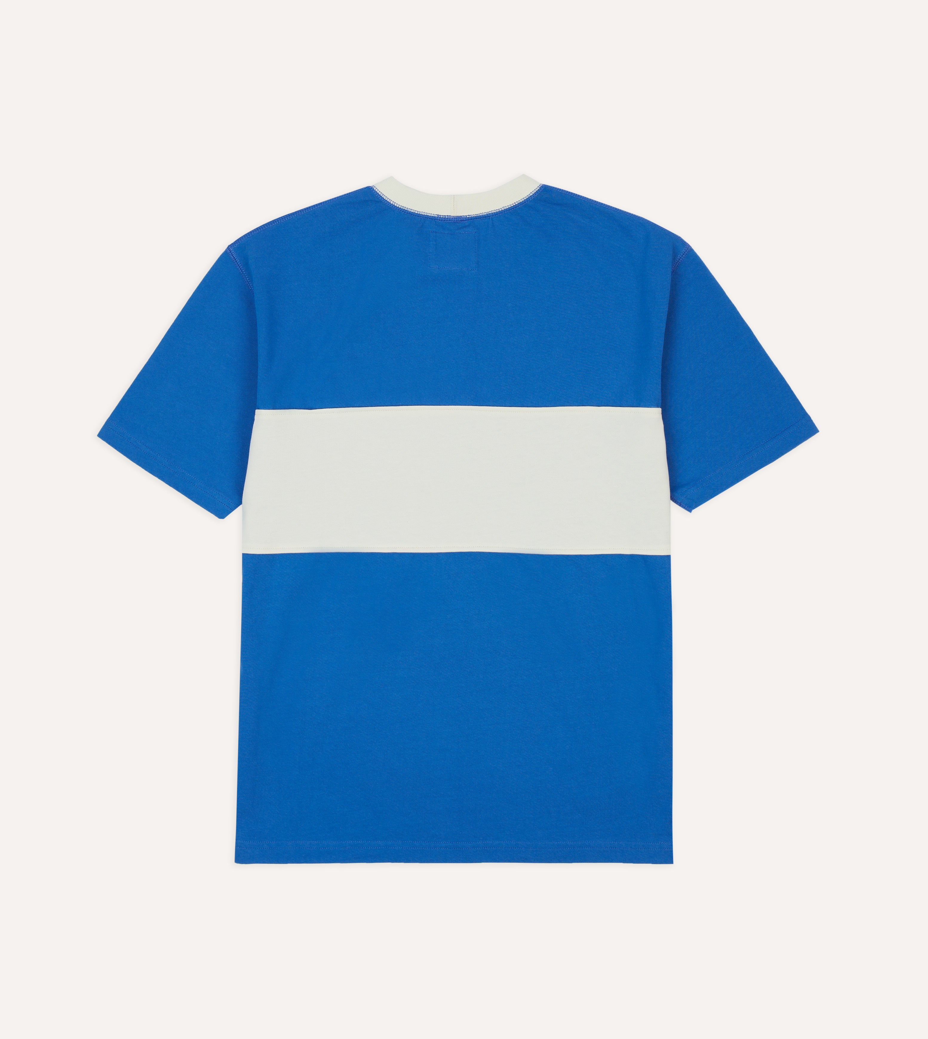 Blue and Ecru Panel Stripe Cotton Crew Neck Hiking T-Shirt