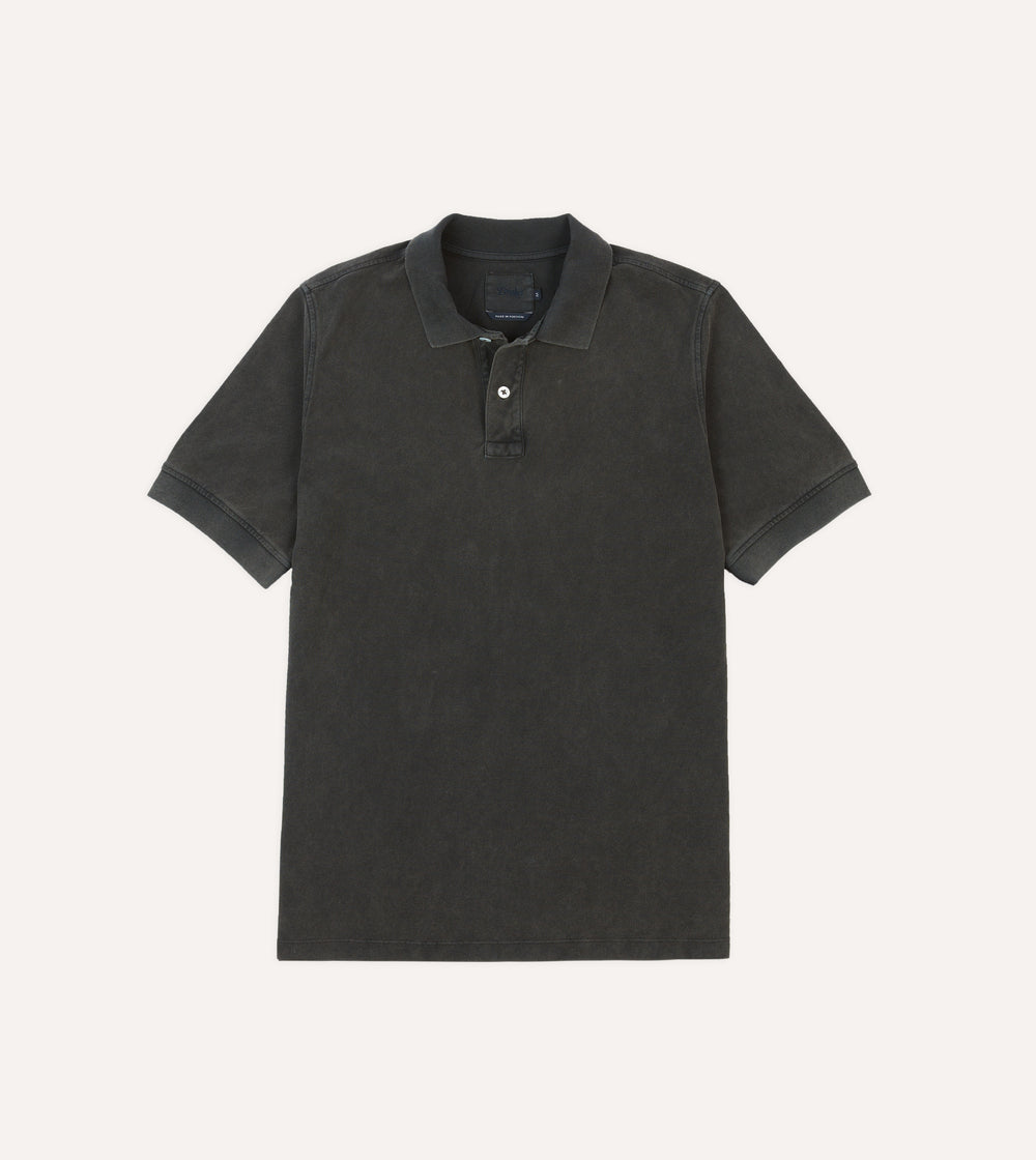 Washed Black Piqué Cotton Polo Shirt