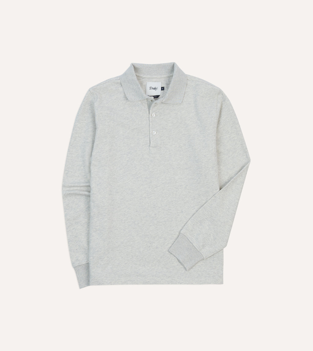 Grey Melange Jersey Cotton Long-Sleeve Polo Shirt – Drakes US