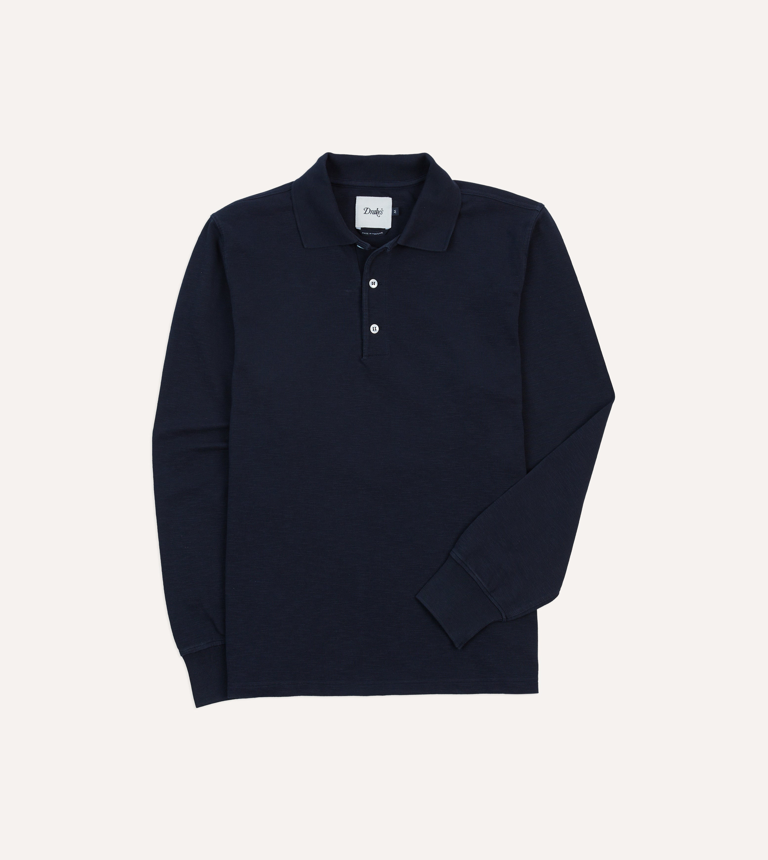 Navy Pique Cotton Long-Sleeve Polo Shirt – Drakes US