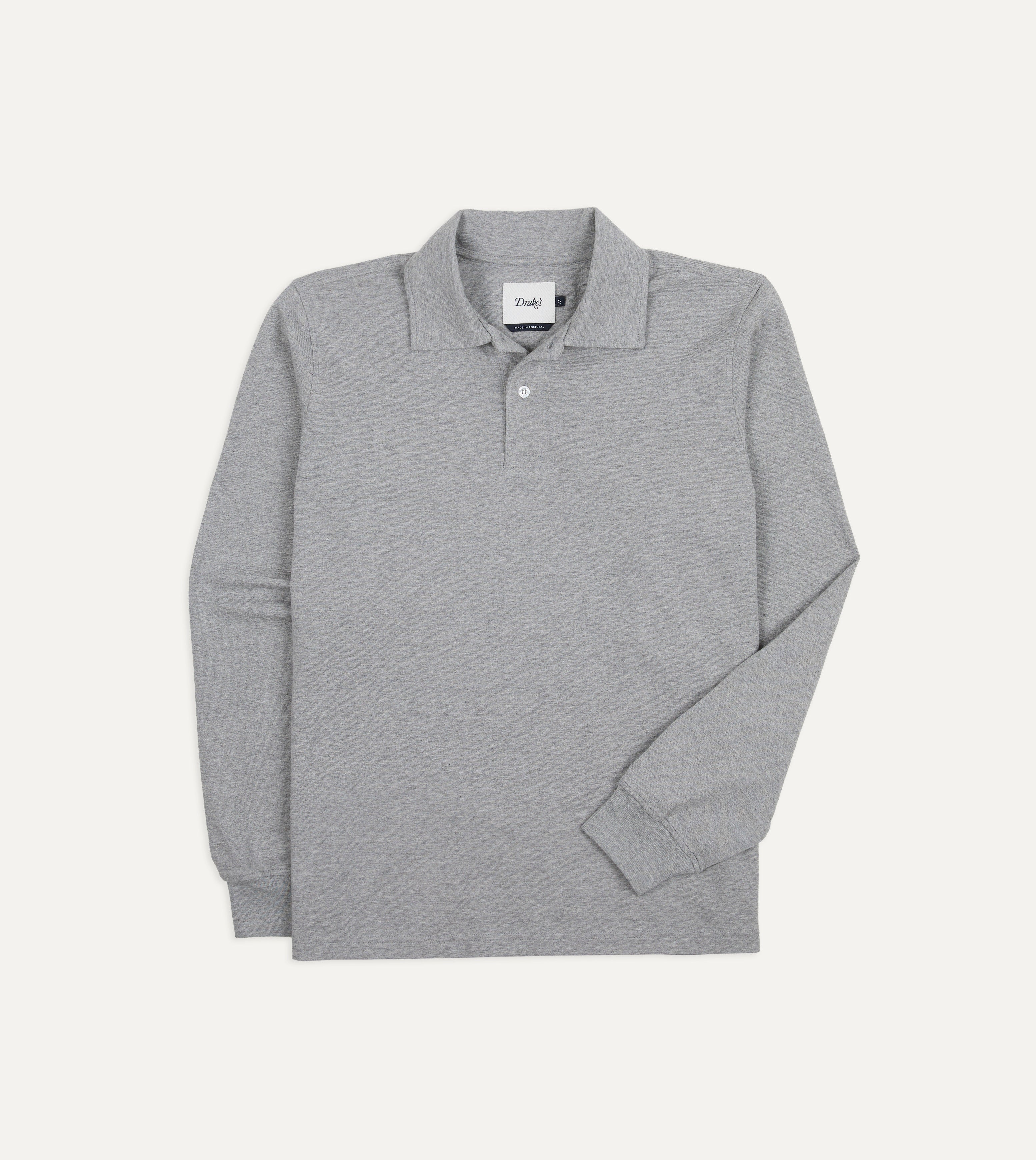Grey Melange Cotton Jersey Long-Sleeve Polo Shirt