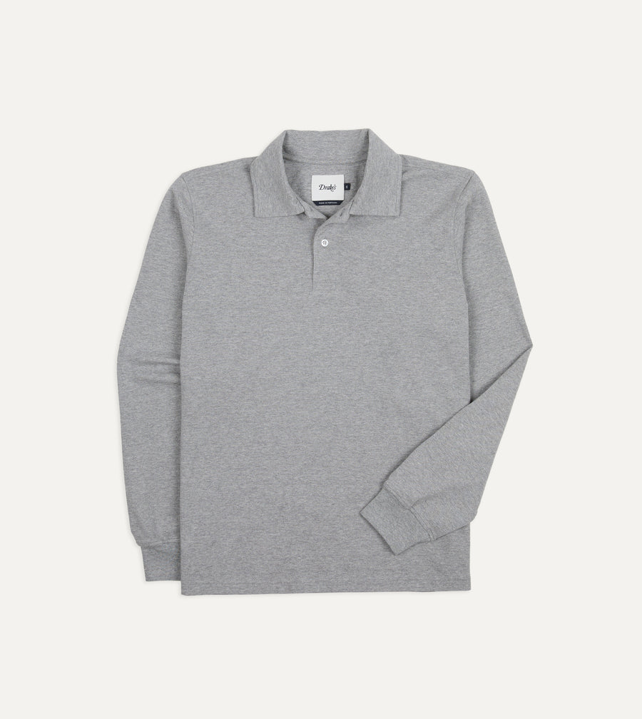 Grey Melange Cotton Jersey Long-Sleeve Polo Shirt