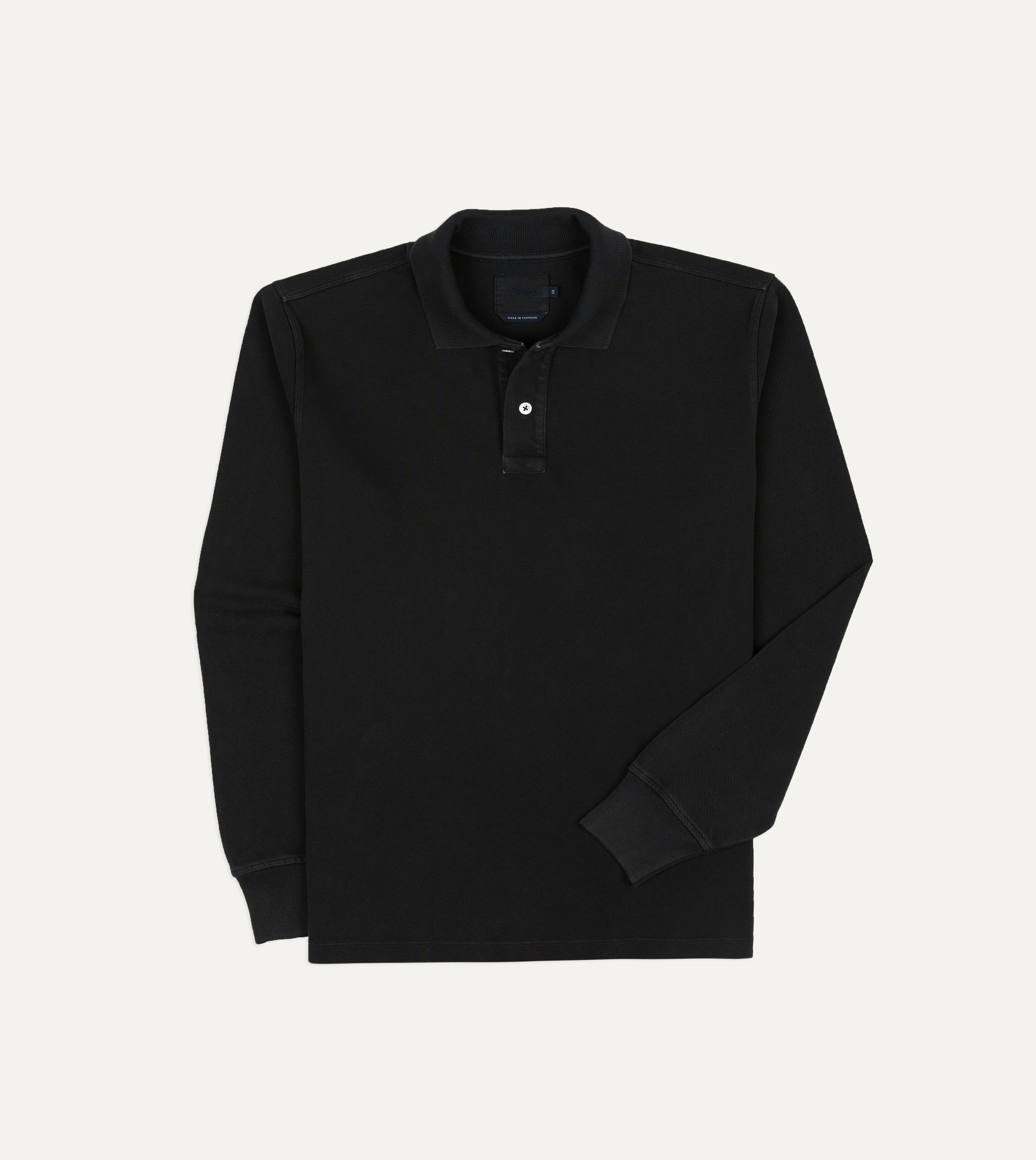 Black Pique Cotton Long-Sleeve Polo Shirt