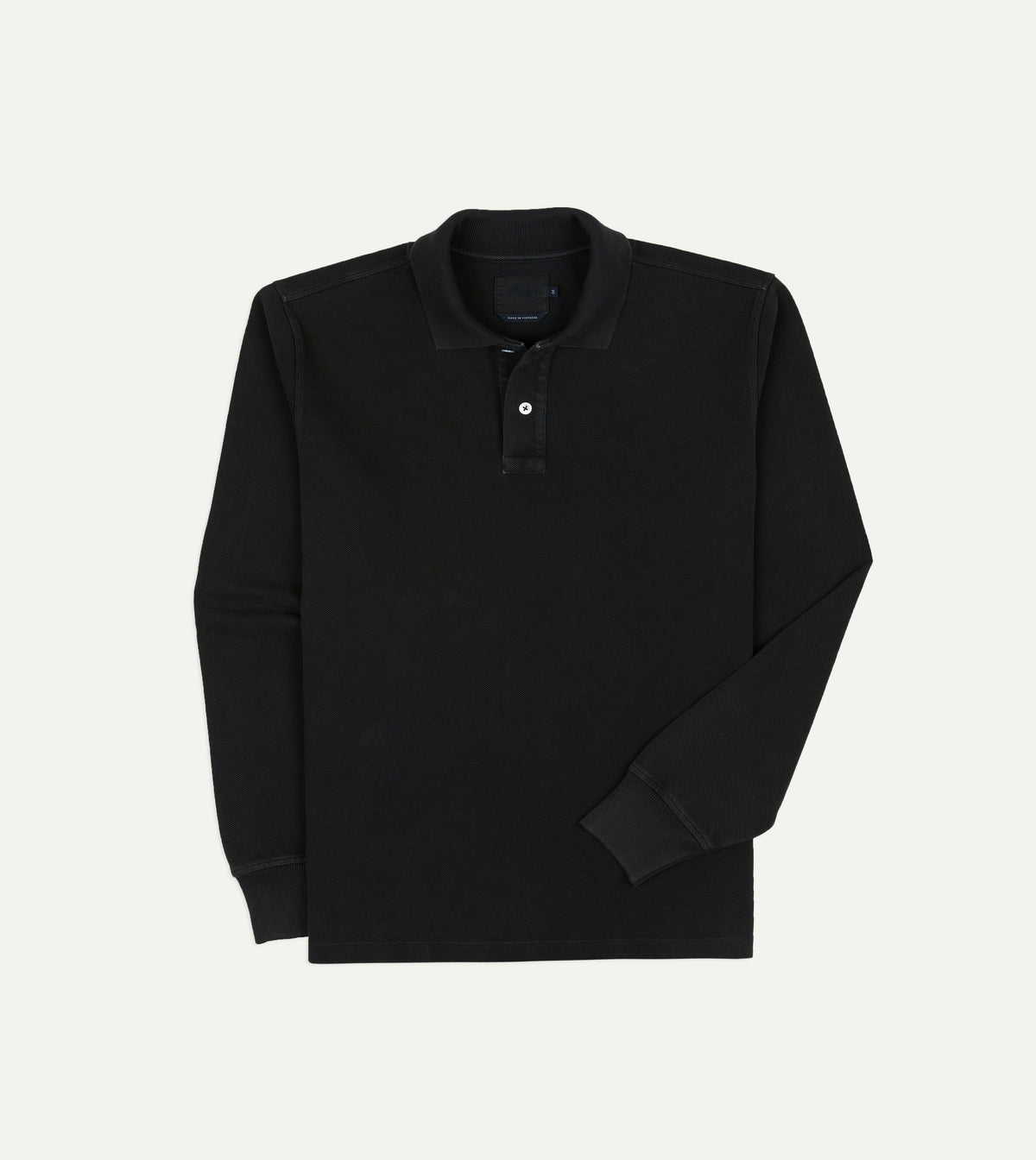 Black Pique Cotton Long-Sleeve Polo Shirt