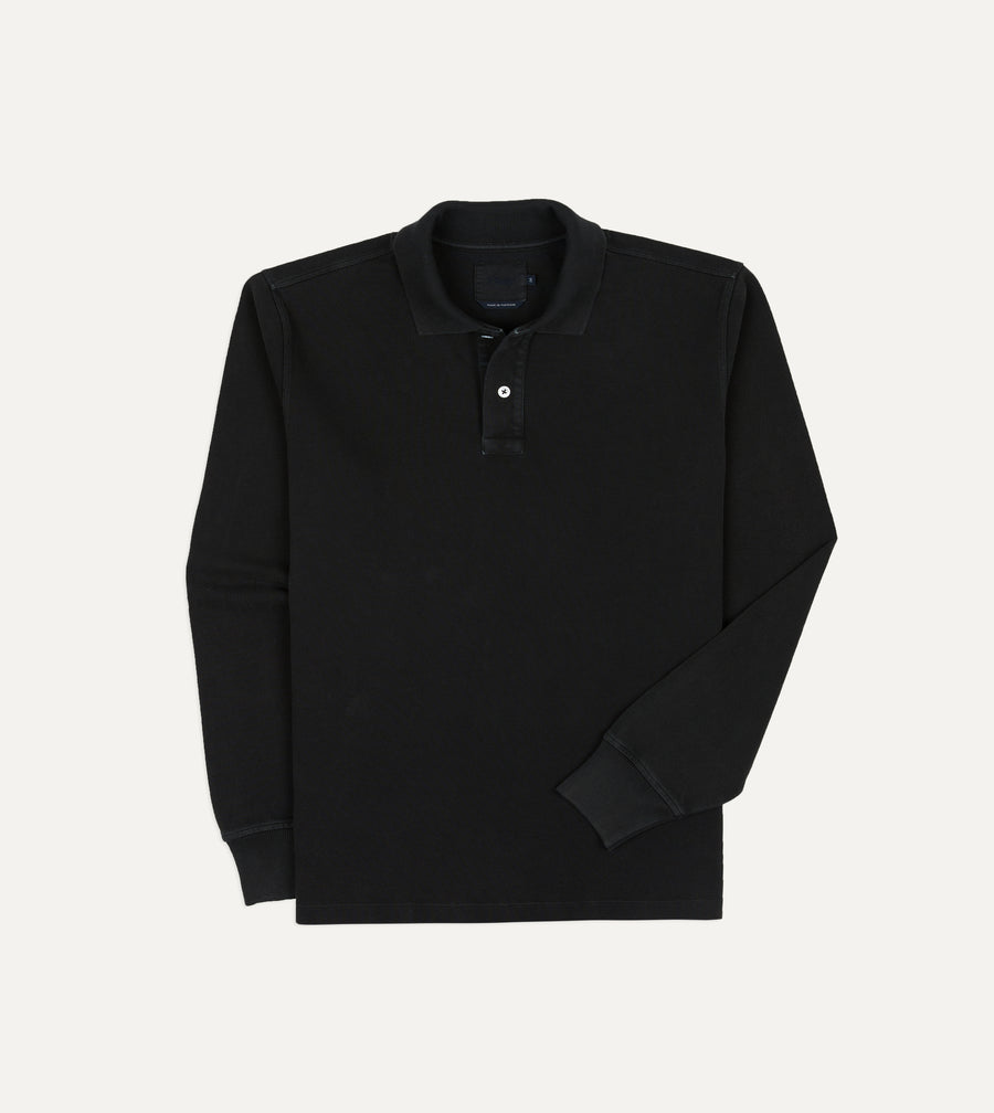Black Pique Cotton Long-Sleeve Polo Shirt