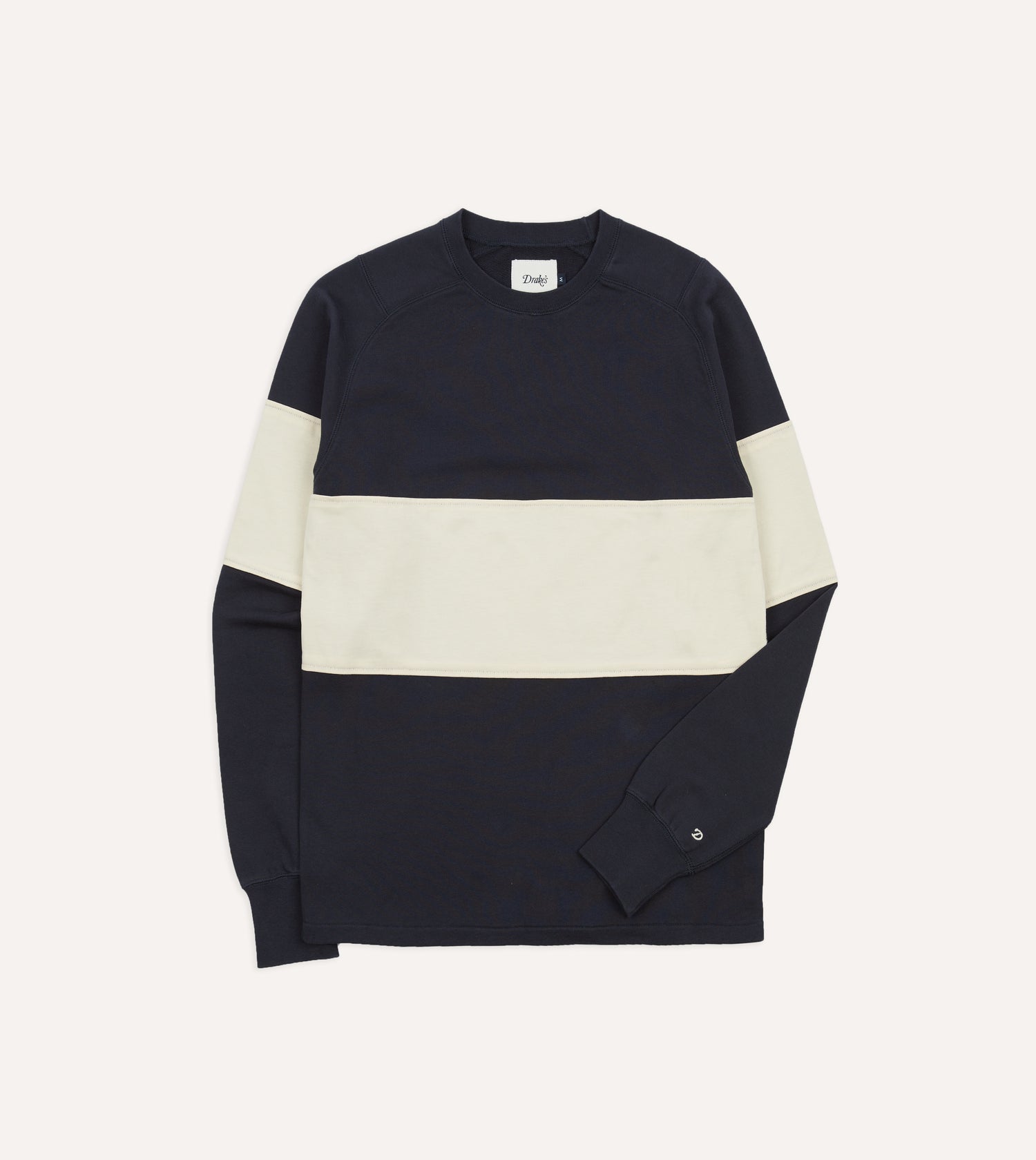 Navy and Ecru Panel Stripe Heavy Cotton Crew Neck Hiking T-Shirt