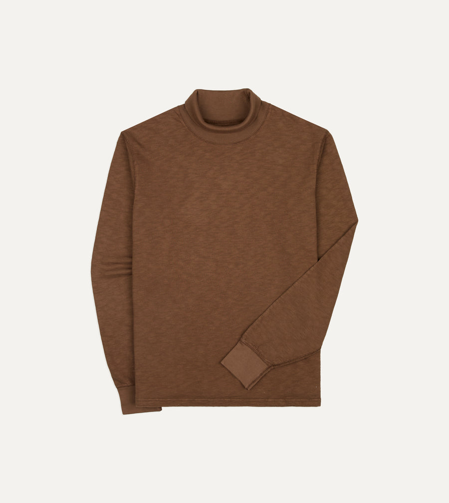 Brown Slub Cotton Long-Sleeve Mock Neck Hiking T-Shirt