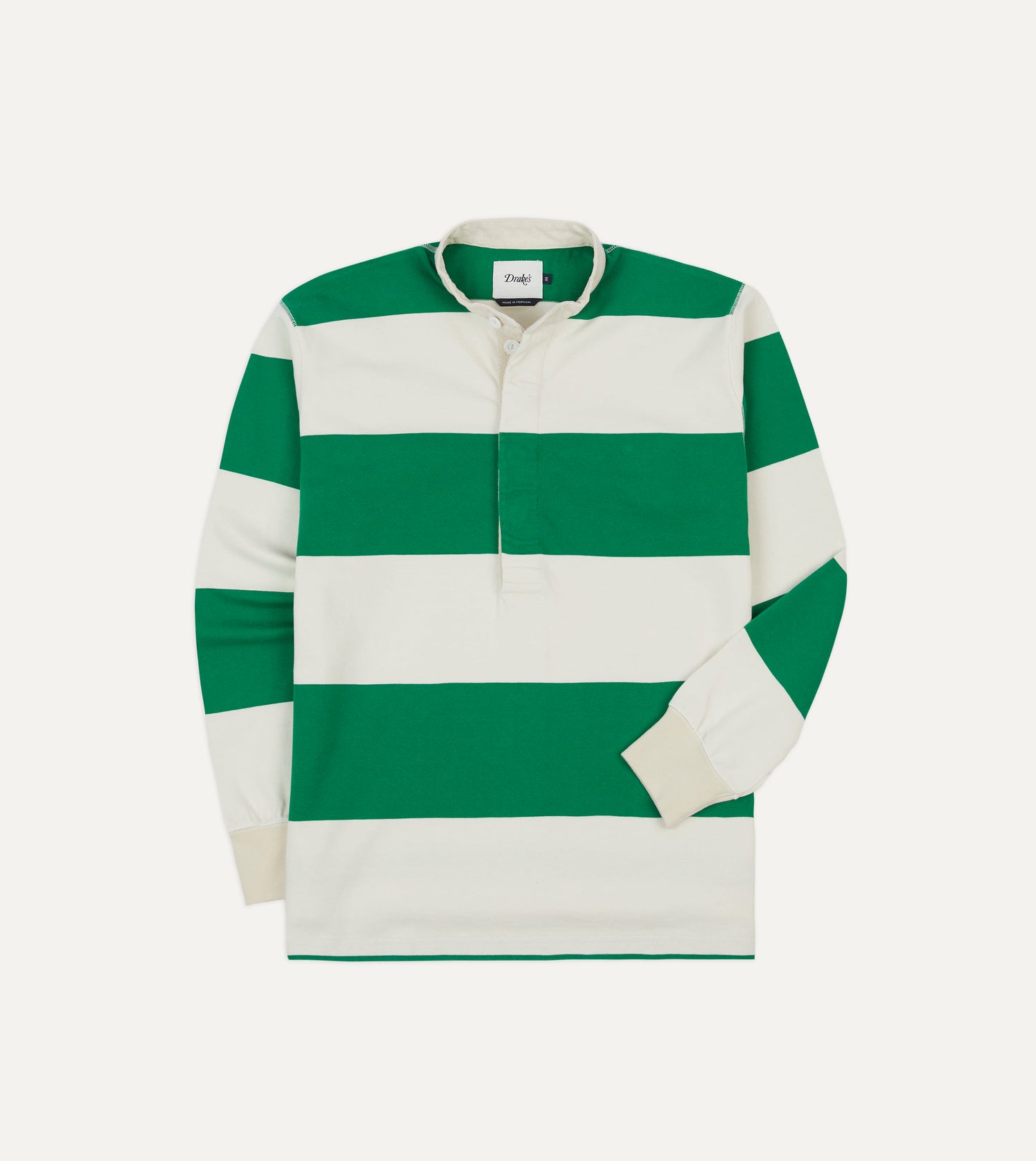 Green and White Stripe Cotton Mandarin Collar Rugby Shirt