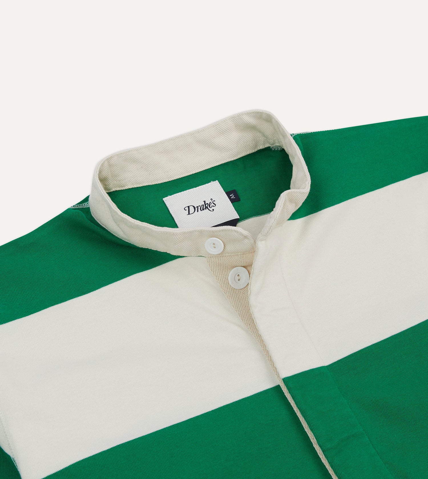 Green And White Stripe Cotton Mandarin Collar Rugby Shirt Drakes US green-and-white-stripe-cotton-mandarin-collar-rugby-shirt-drakes-us
