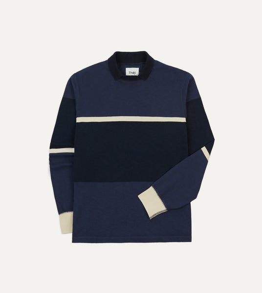 Navy and Ecru Stripe Mock Collar Long-Sleeve Jersey – Drakes US