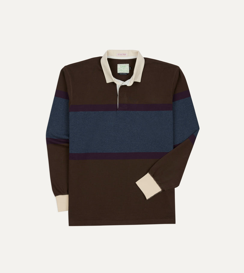 Drake's by A. Levine Brown and Blue Centre Stripe Cotton Rugby Shirt