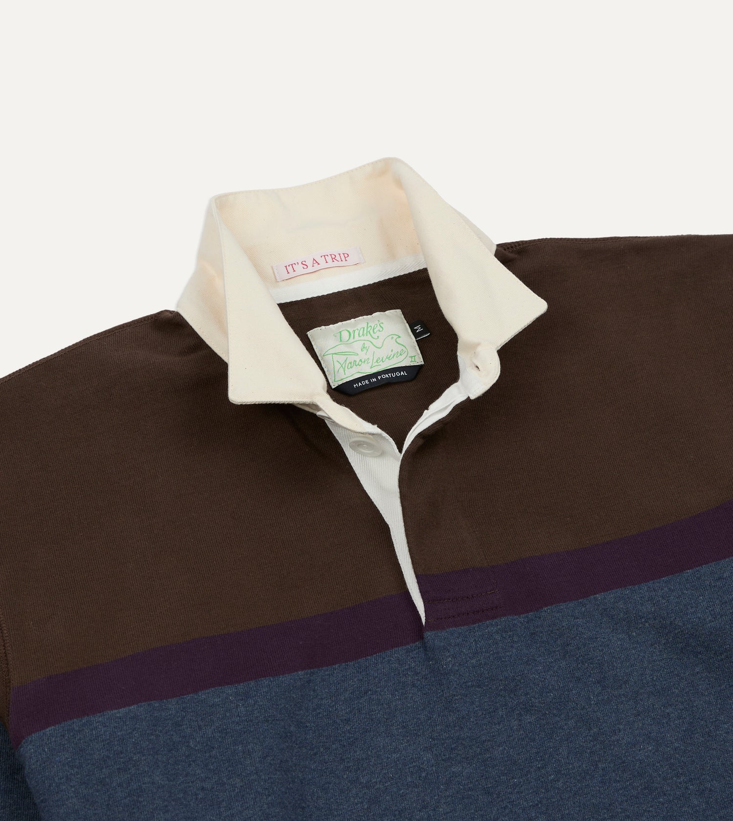 Drake's by A. Levine Brown and Blue Centre Stripe Cotton Rugby Shirt