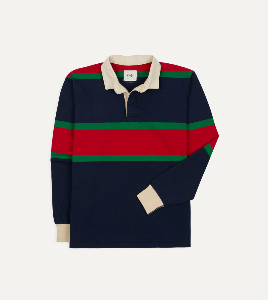 Navy, Red and Green Multi Stripe Cotton Rugby Shirt