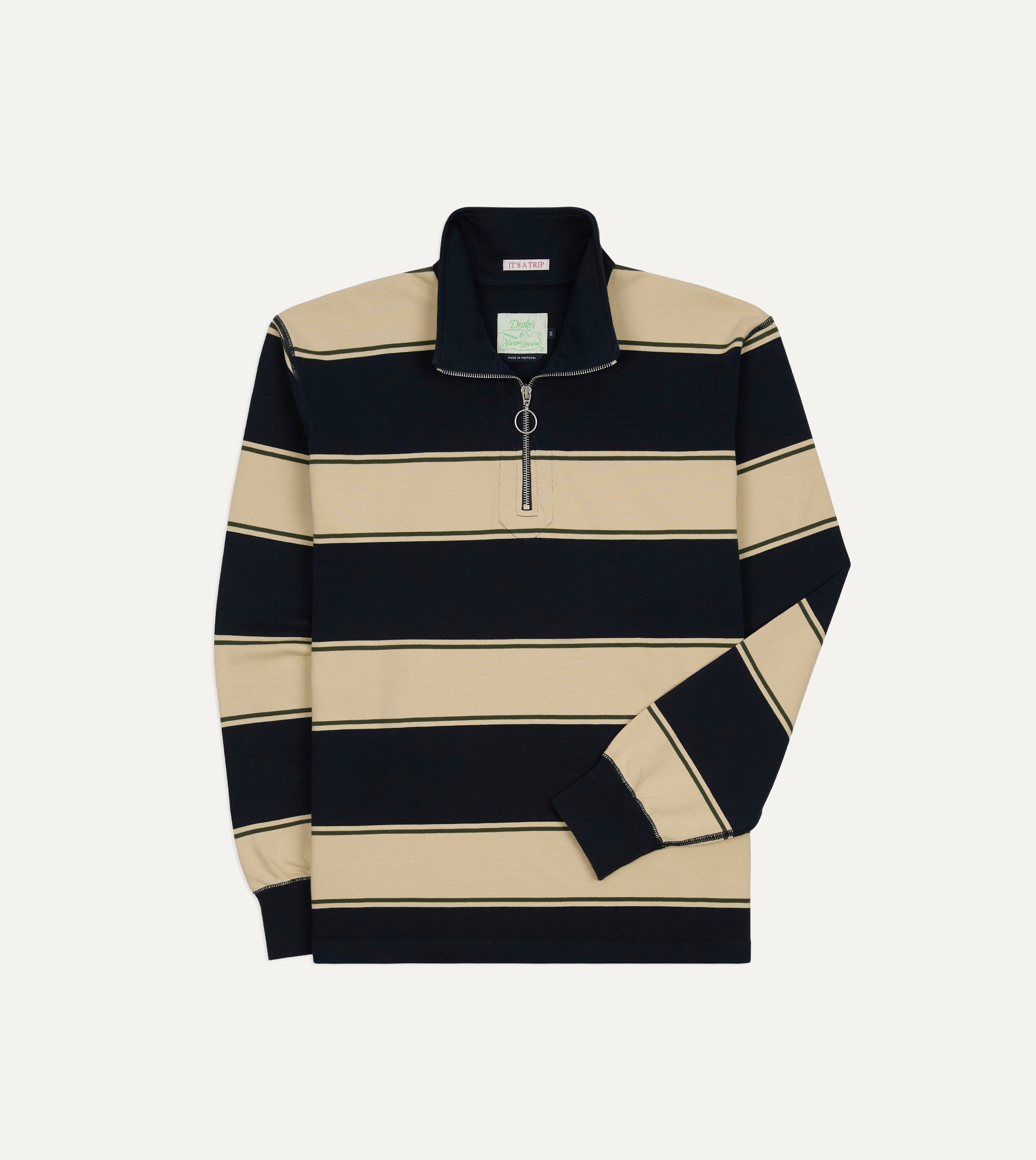 Drake's by A. Levine Navy Stripe Cotton Quarter Zip Rugby Shirt