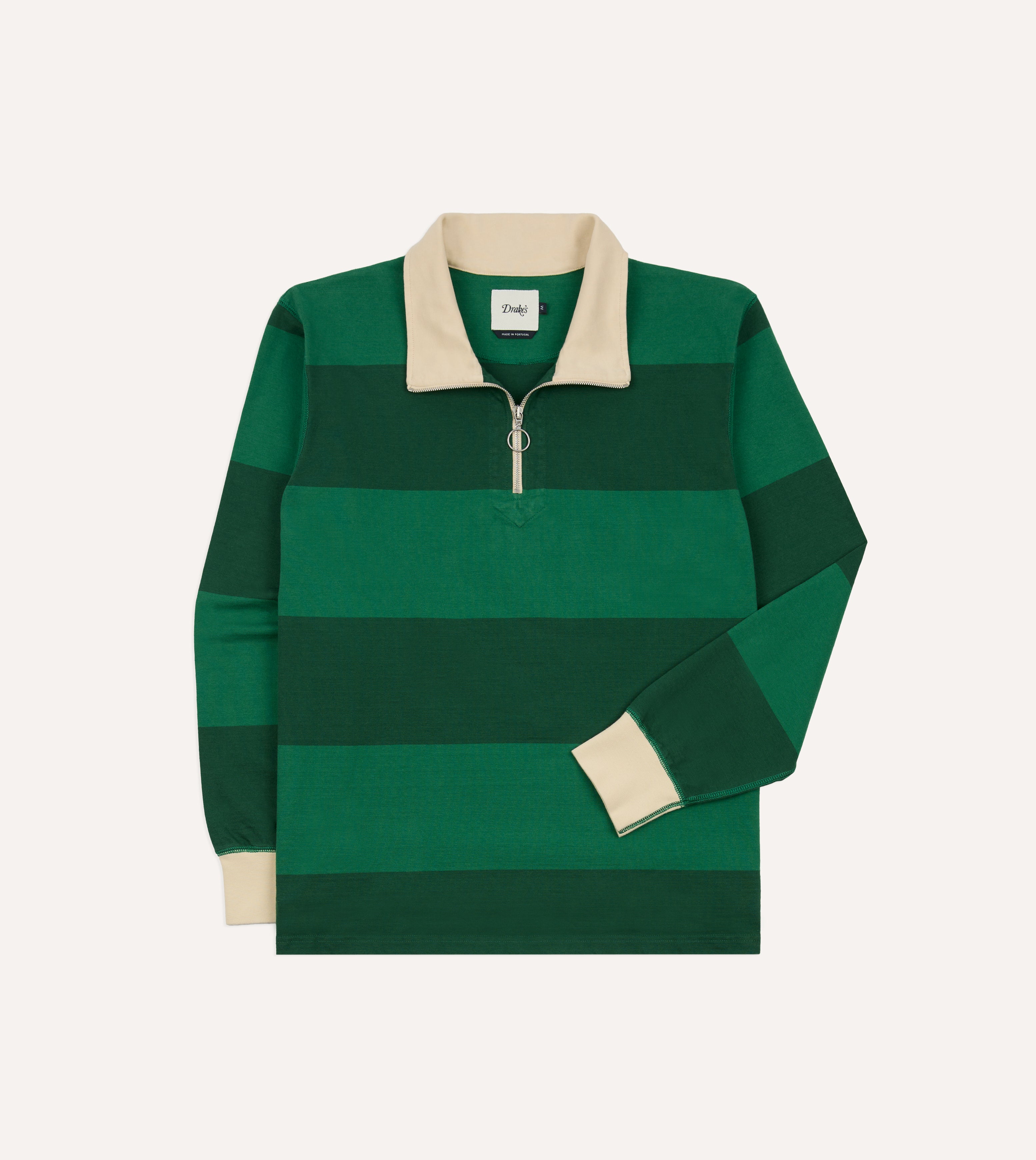 Green Block Stripe Cotton Quarter Zip Rugby Shirt