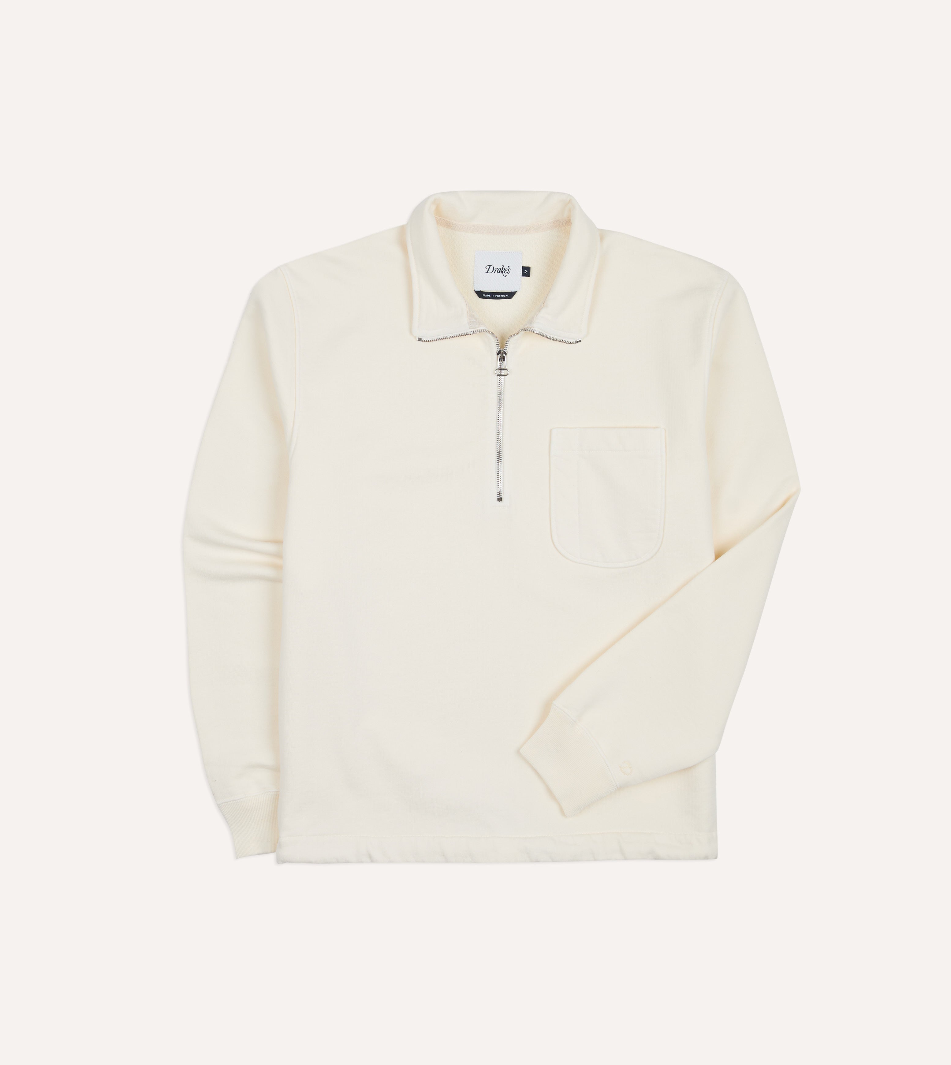 Ecru Cotton Quarter Zip Collared Drawstring Sweatshirt – Drakes US