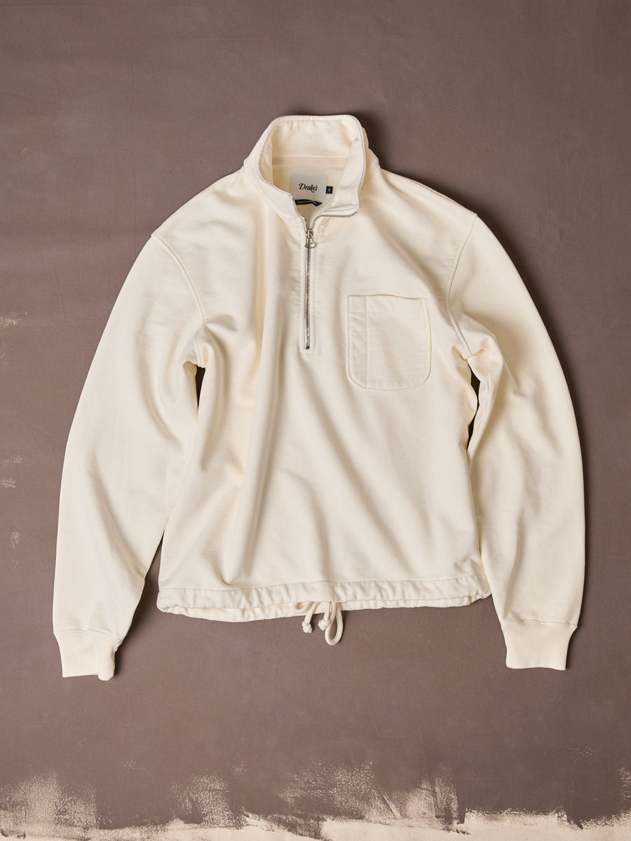 Ecru Cotton Quarter Zip Collared Drawstring Sweatshirt