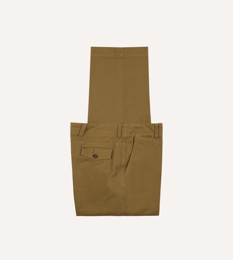 Khaki Herringbone Cotton Wide Leg Flat Front Chino