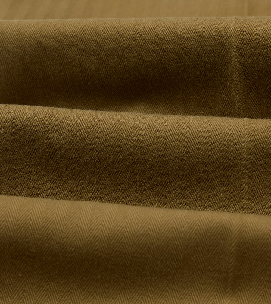 Khaki Herringbone Cotton Wide Leg Flat Front Chino