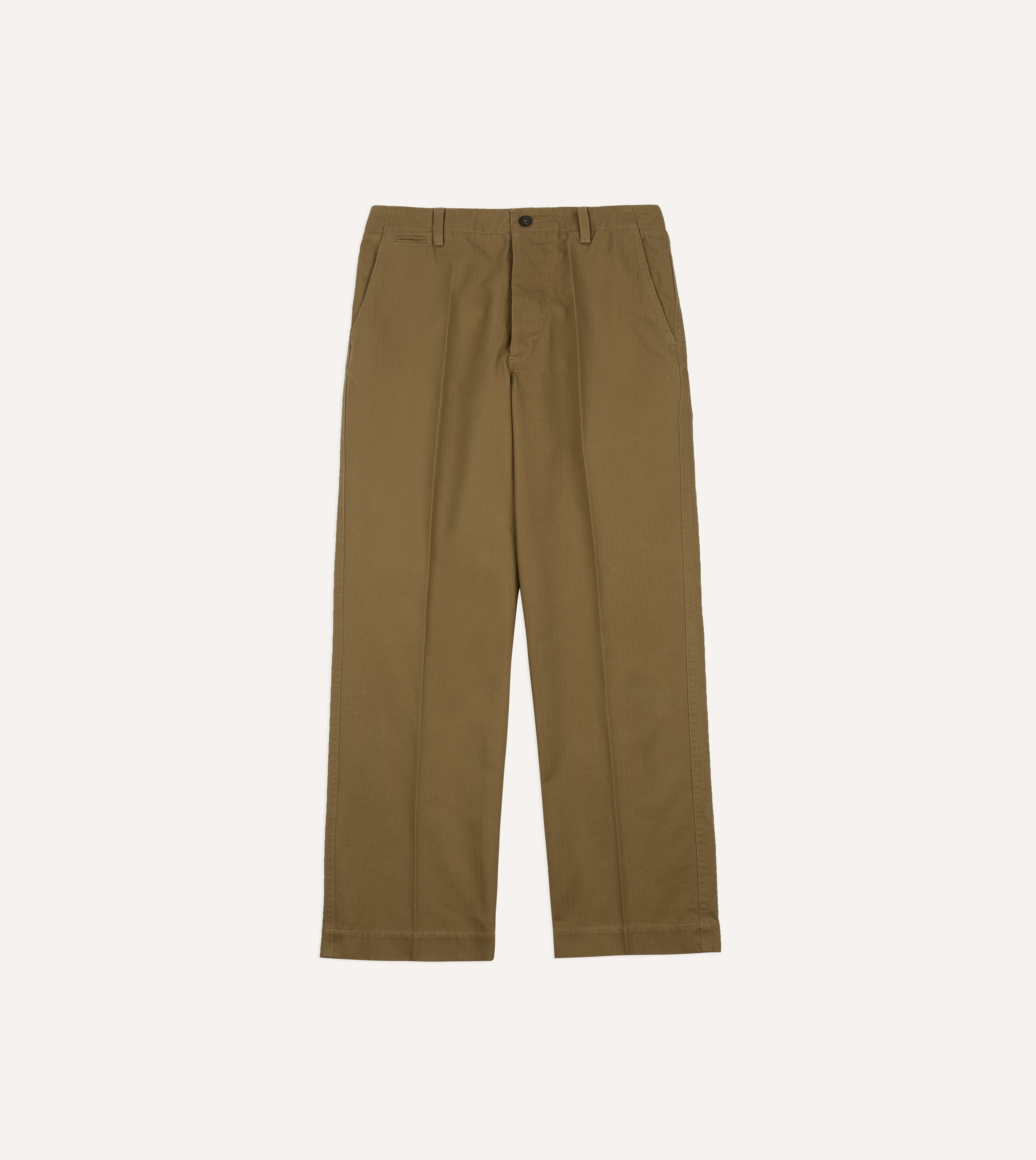 Khaki Herringbone Cotton Wide Leg Flat Front Chino – Drakes US