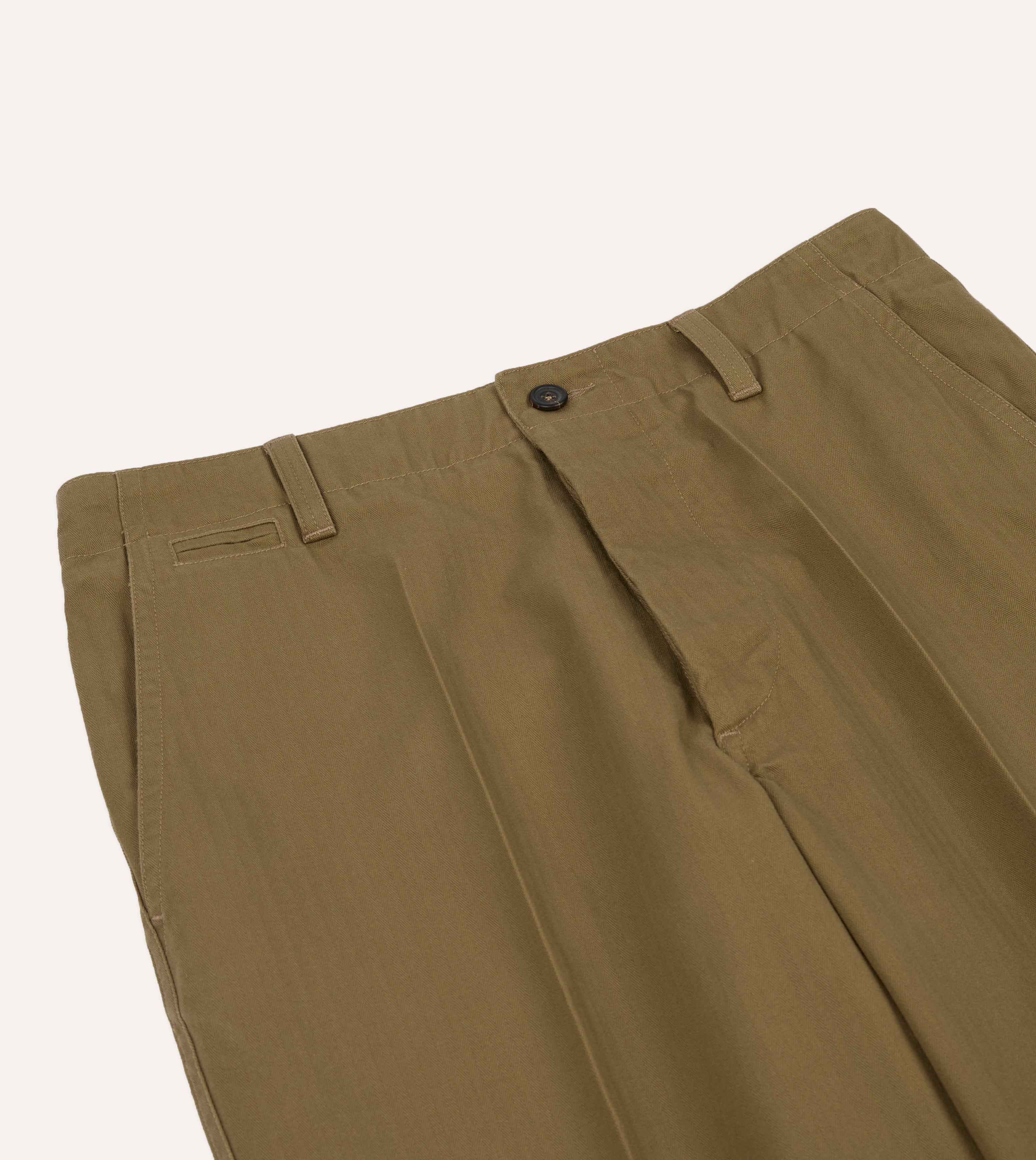 Khaki Herringbone Cotton Wide Leg Flat Front Chino – Drakes US