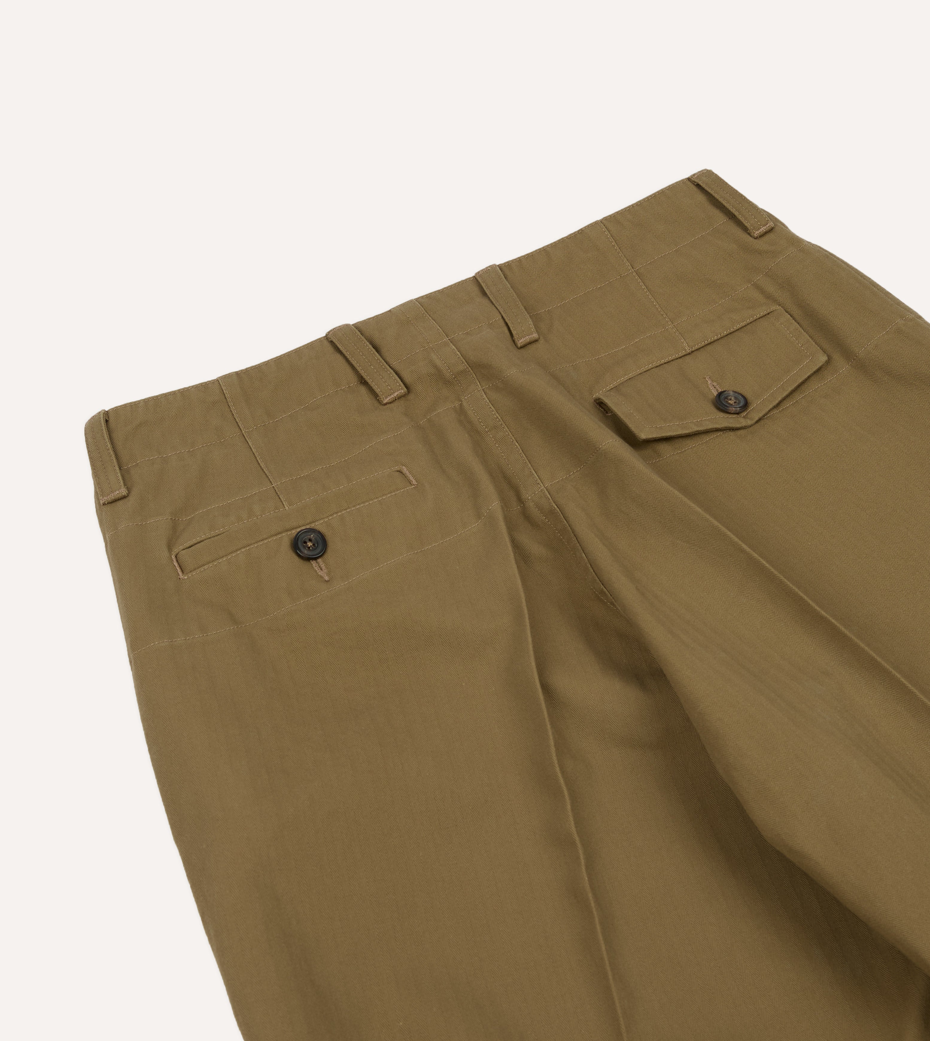 Khaki Herringbone Cotton Wide Leg Flat Front Chino – Drakes US