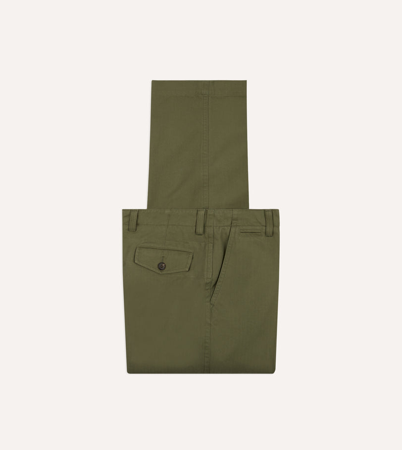 Green Herringbone Cotton Wide Leg Flat Front Chino