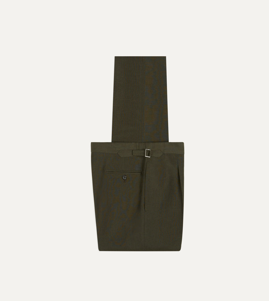 Khaki Green Linen-Wool Single Pleat Trouser
