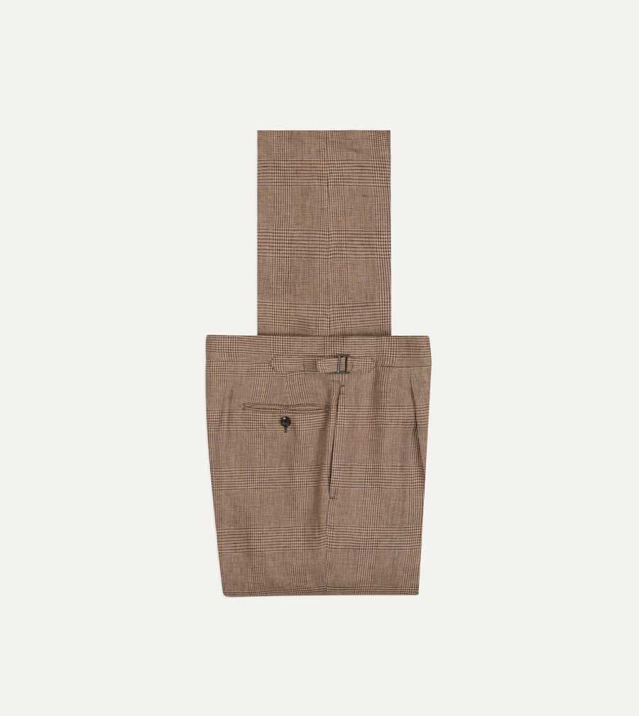 Brown Prince of Wales Check Linen Single Pleat Trouser