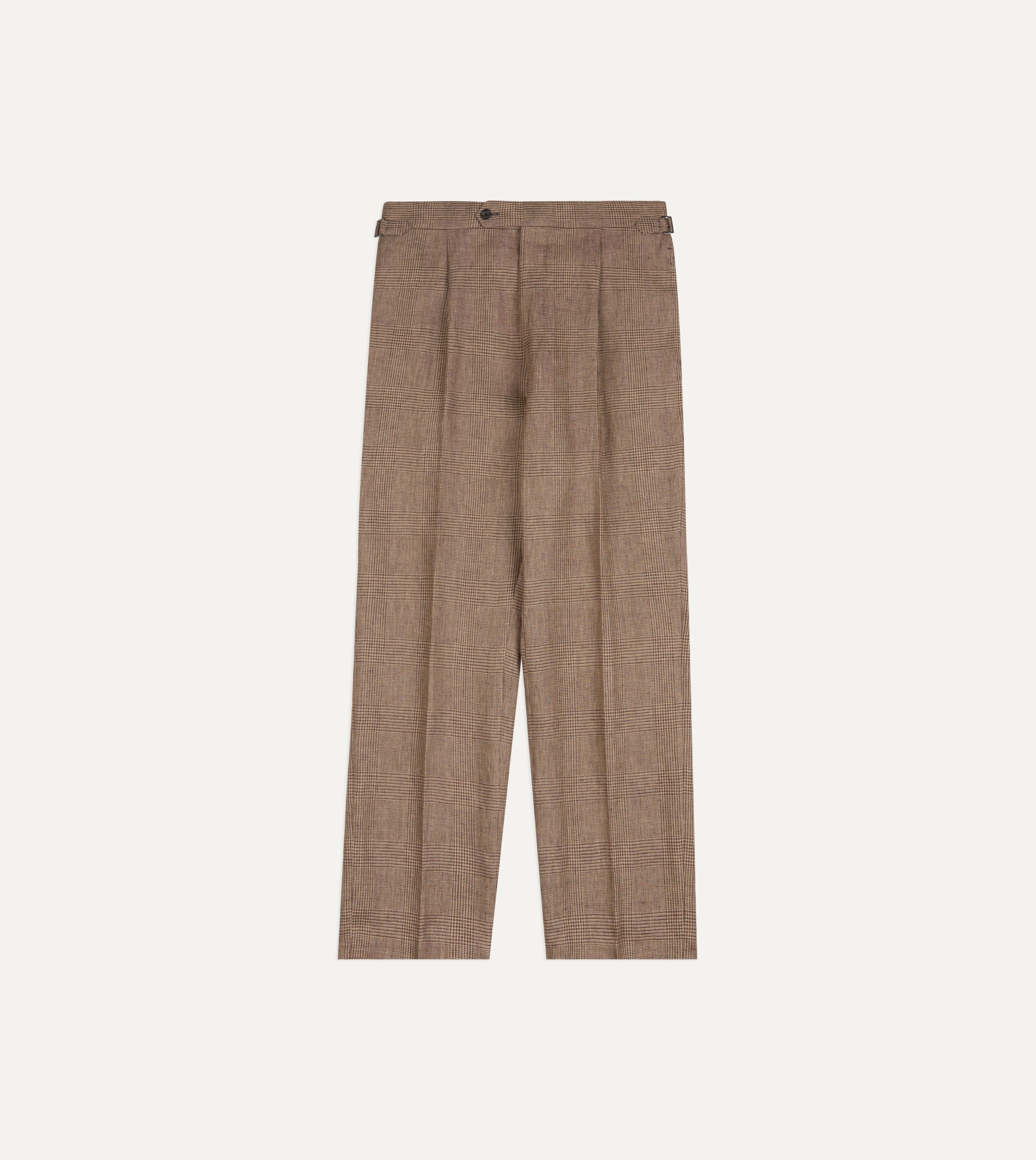 Brown Prince of Wales Check Linen Single Pleat Trouser – Drakes US