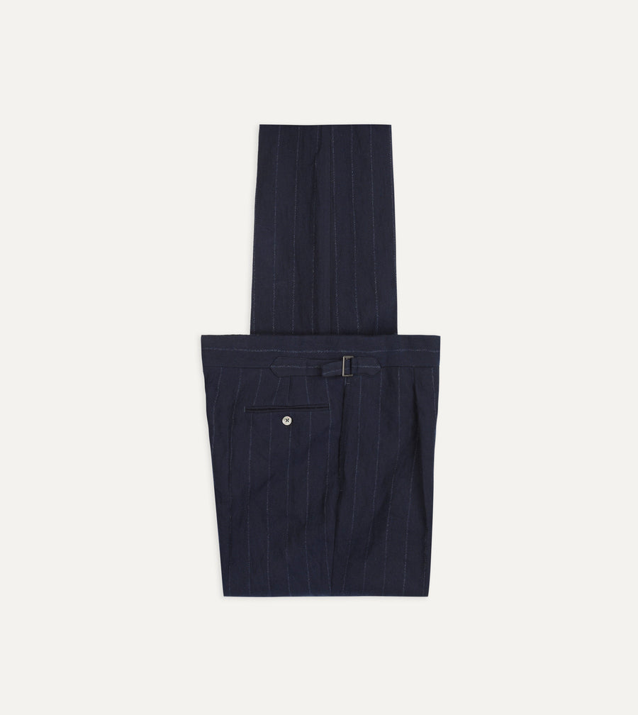 Navy Pinstripe Wool-Cotton Single Pleat Trouser