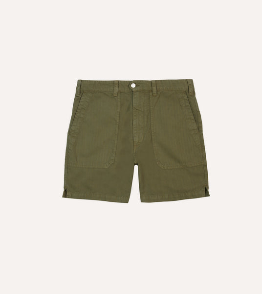 Olive Cotton-Linen Herringbone Fatigue Shorts – Drakes US