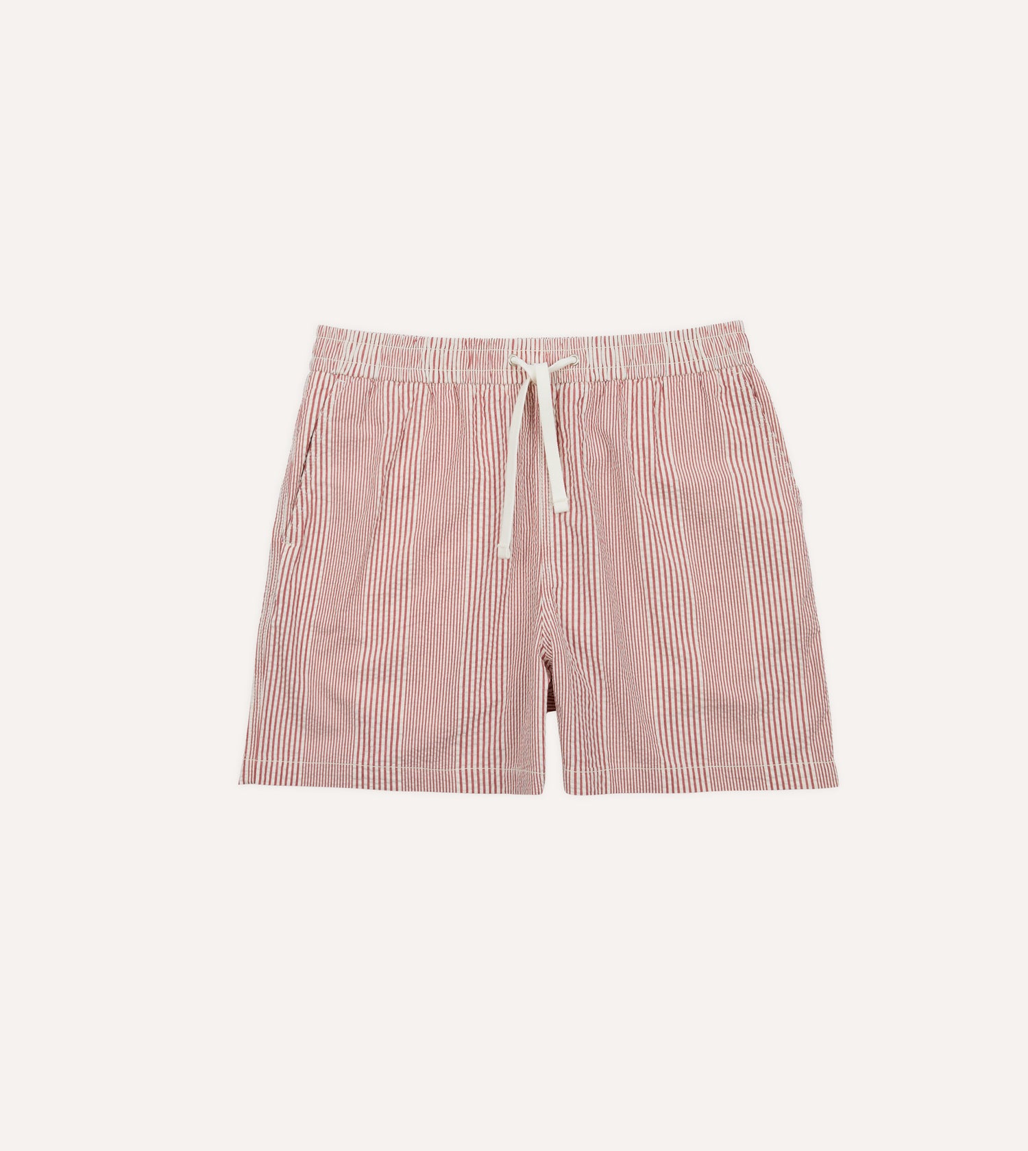 Red Stripe Seersucker Cotton Drawstring Shorts