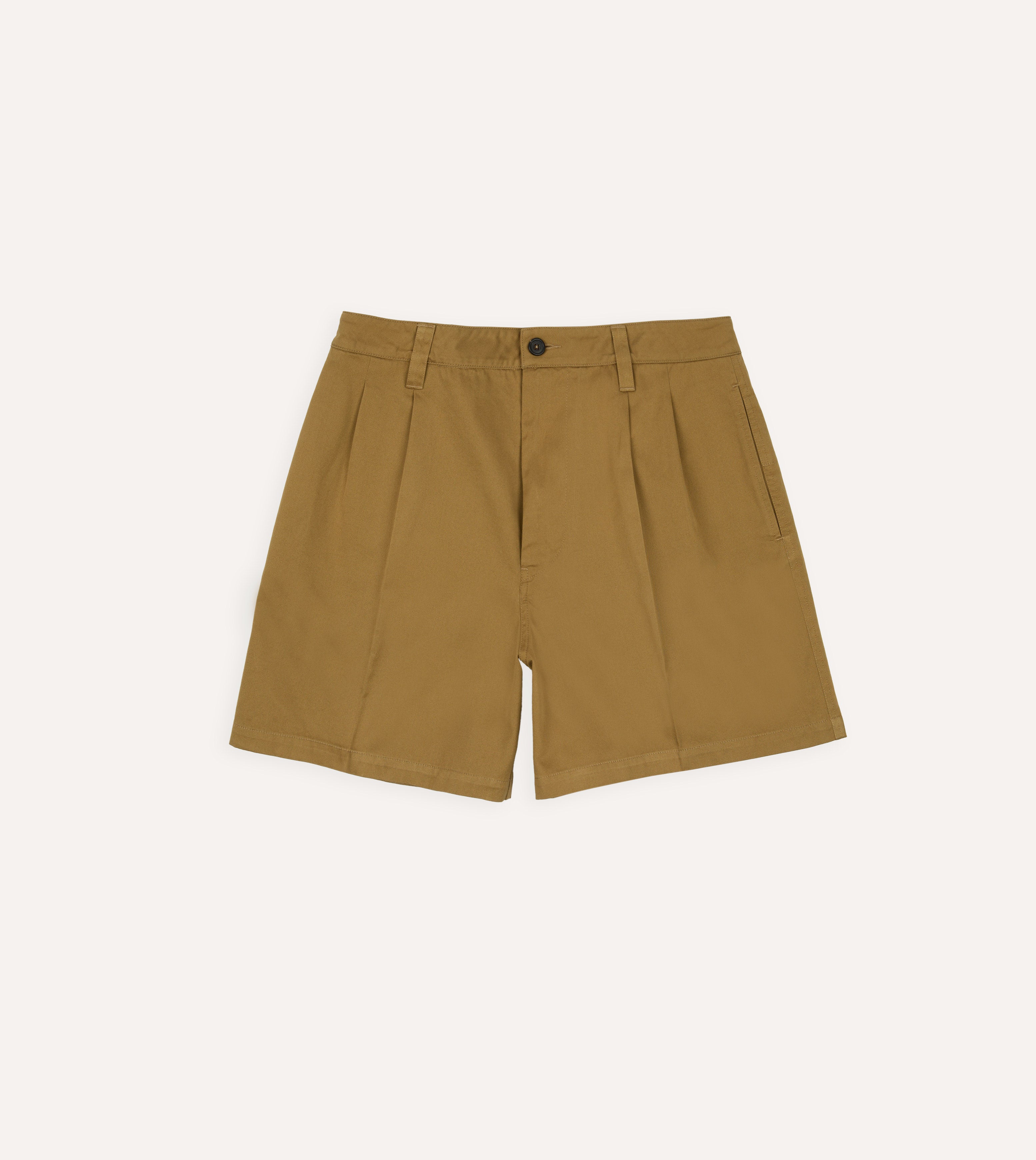 Khaki Cotton Wide Leg Double-Pleat Shorts – Drakes US