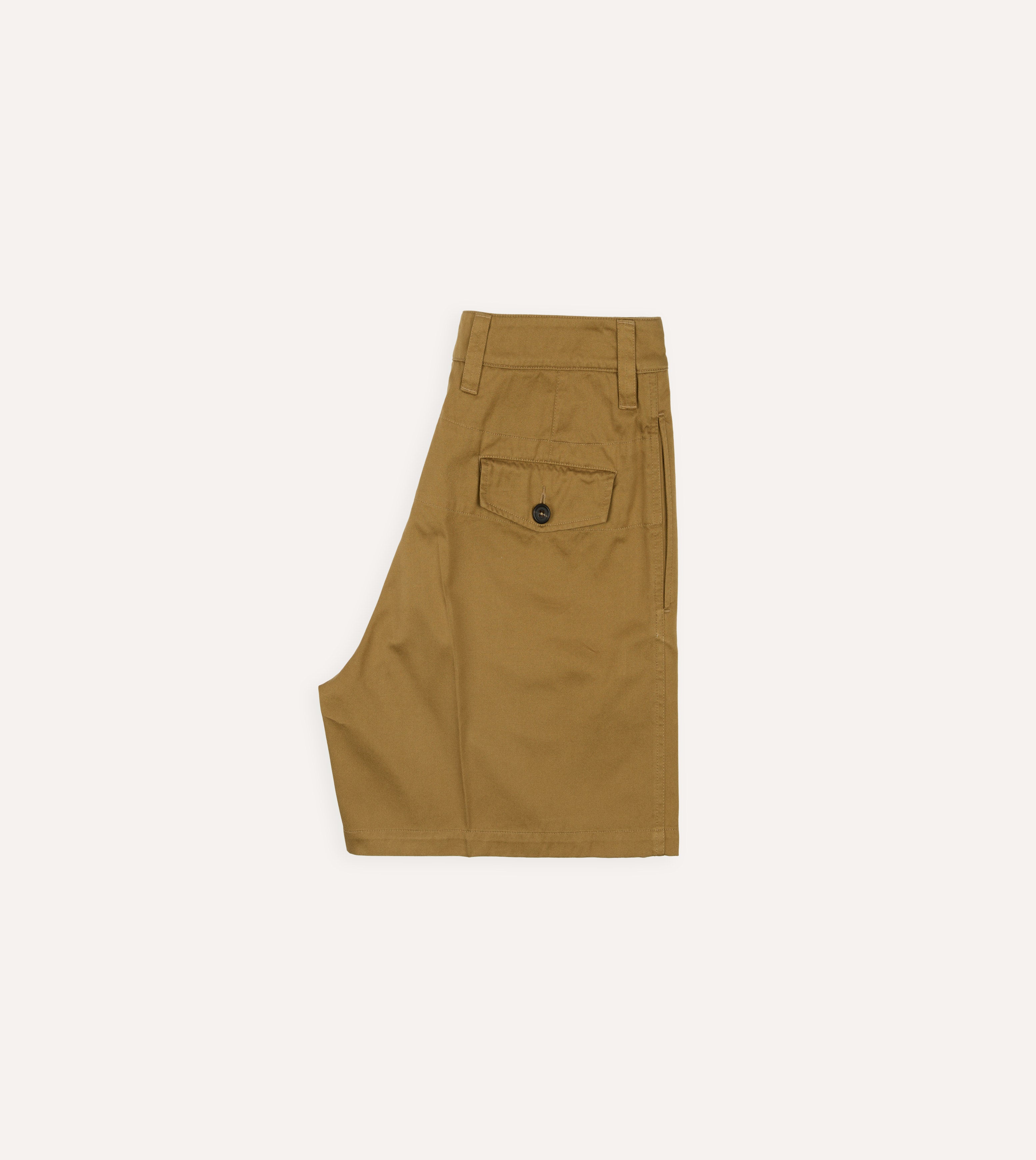 Khaki Cotton Wide Leg Double-Pleat Shorts – Drakes US