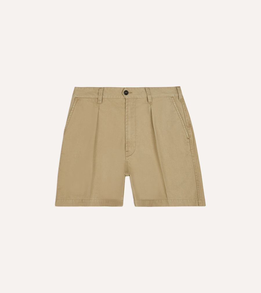 Beige Cotton Wide Leg Single-Pleat Shorts