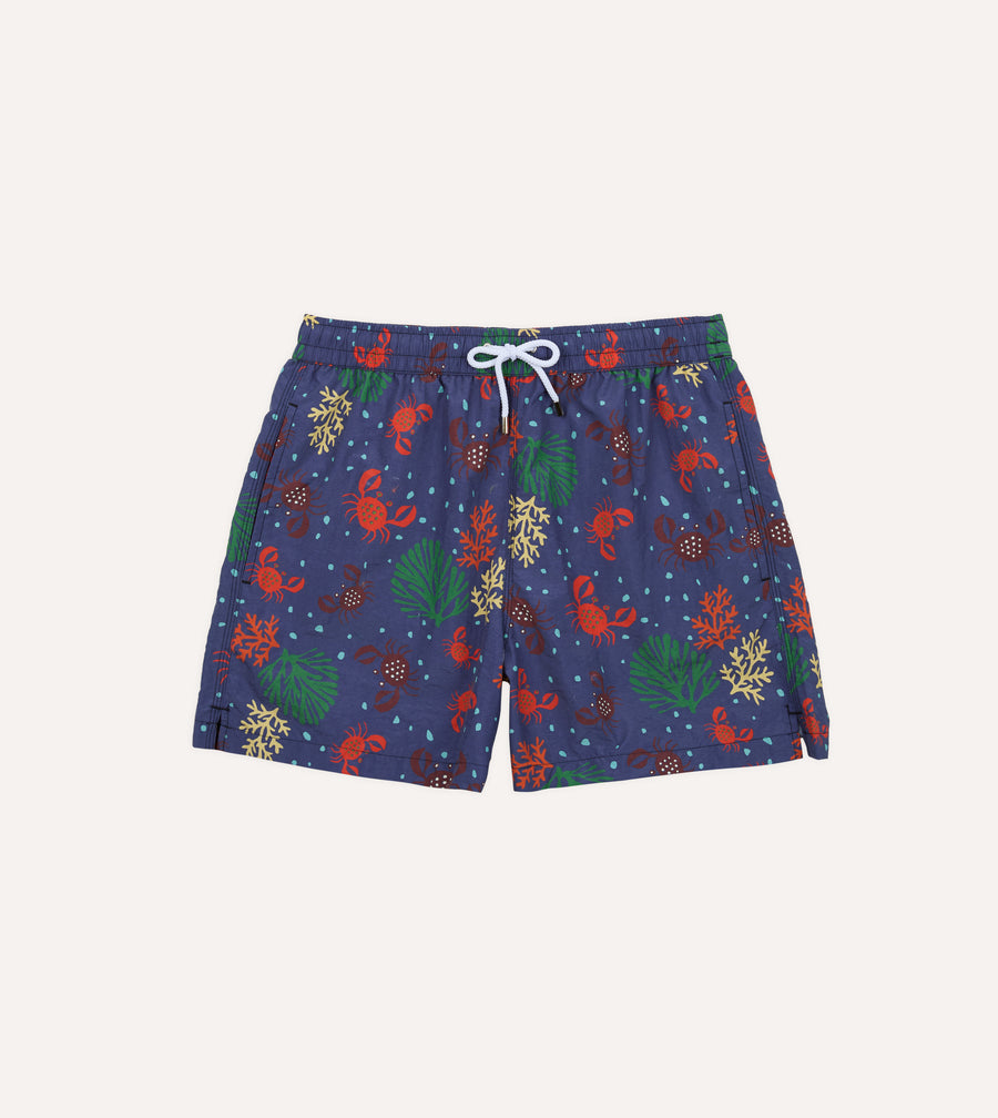Crab Print Nylon Drawstring Swim Shorts